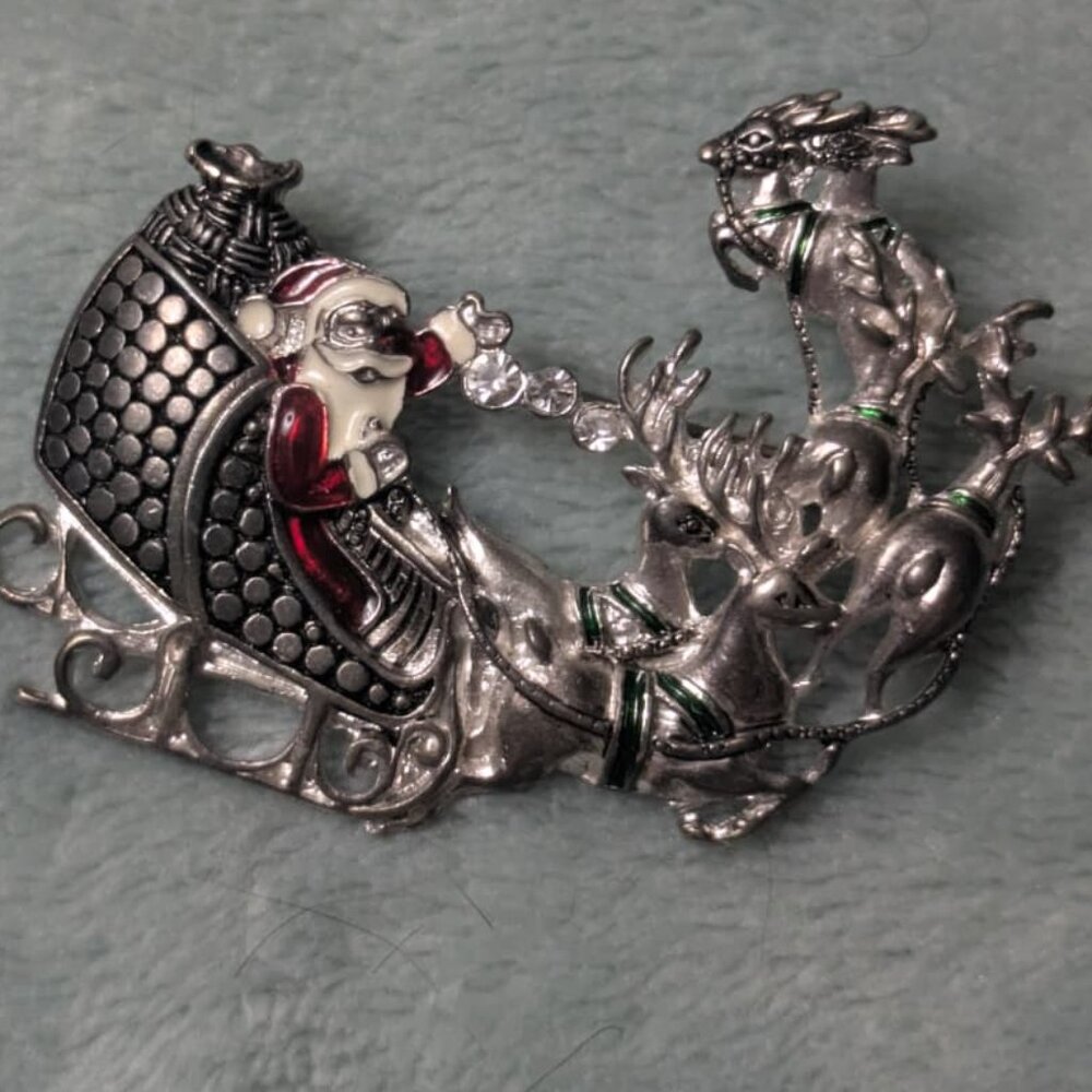 Vintage Santa and Reindeer in their Sleigh Enamel on Metal Brooch